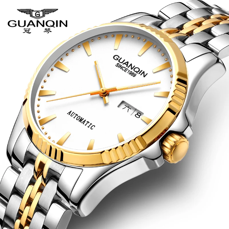 GUANQIN Business Mens Watches Top Brand Luxury Gold Stainless Steel Automatic Watch Men Waterproof clock men relogio masculino