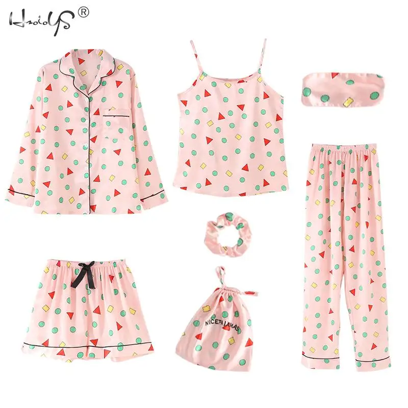 Stripe Printing Women's 7 Pieces Pajamas Sets Emulation Silk Satin Pajamas Women Sleepwear Sets Spring Summer Autumn Homewear