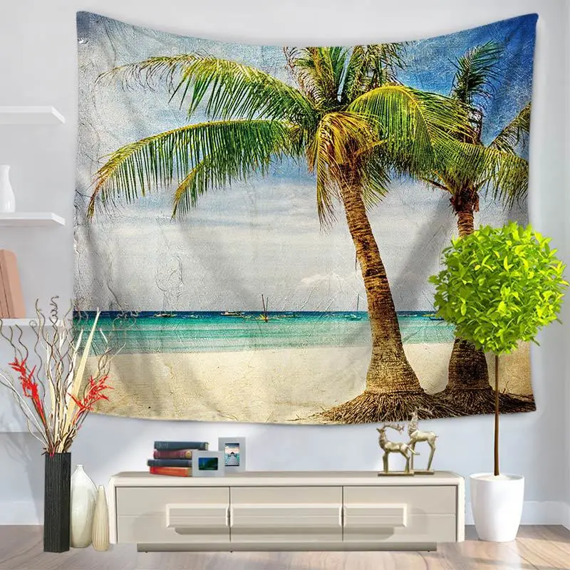 

Домашний Декоративный Настенный Ковер, гобелен, прямоугольное покрывало, Пляжное живописное кокосовое дерево, рисунок GT1029