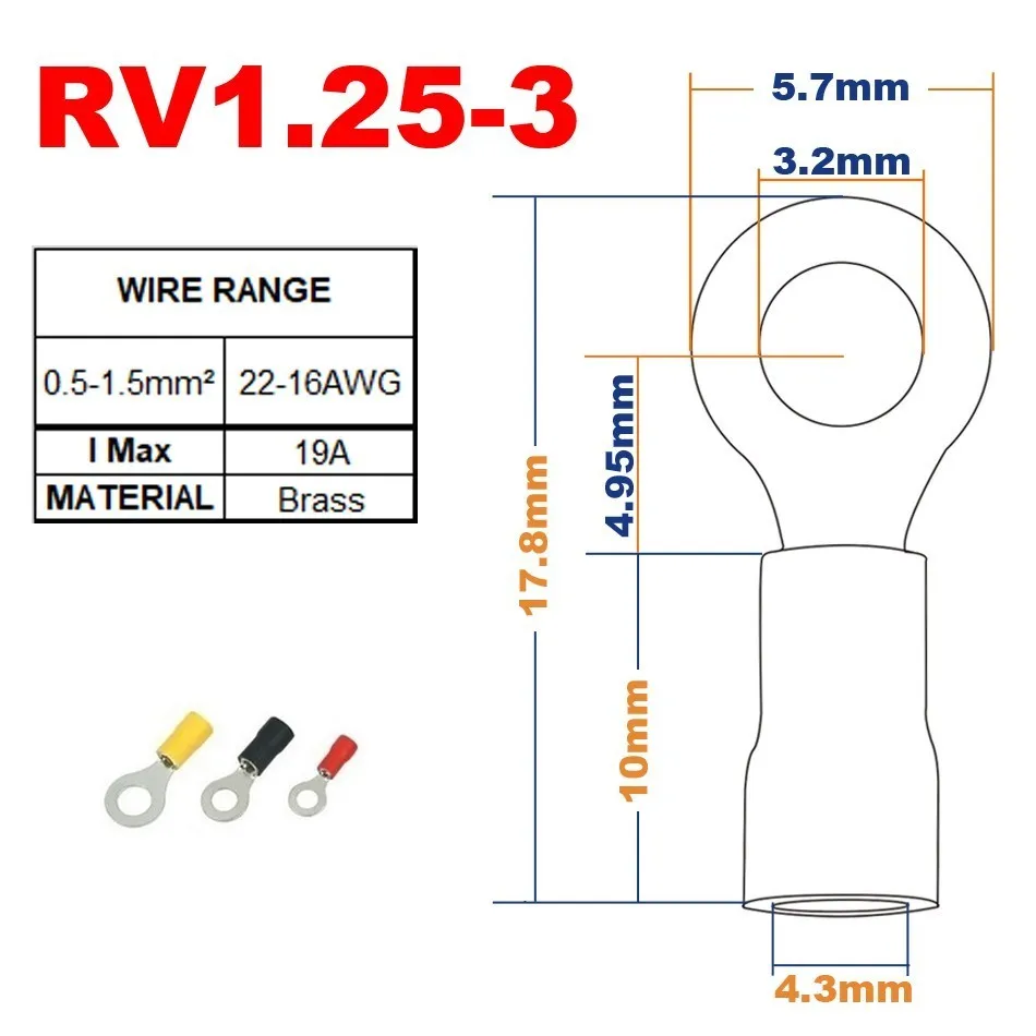 RV1.25-3 50 шт. кольцо обжимной изоляции терминал RV1.25-3 RV1.25-4 RV2-3 RV2-4 RV3.5-4 RV3.5-5 RV3.5-6 RV5.5-4 RV5.5-5 Провода Кабельный разъем - Цвет: RV1.25-3