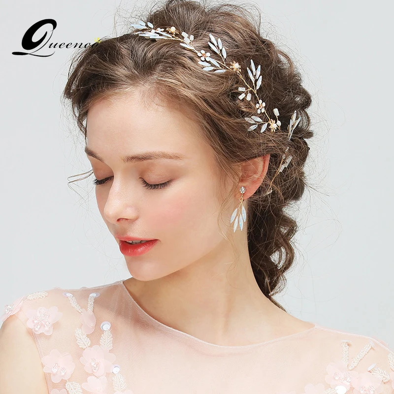 Женский Свадебный комплект из повязки на голову и сережек с опалом|bridal hair vine|hair