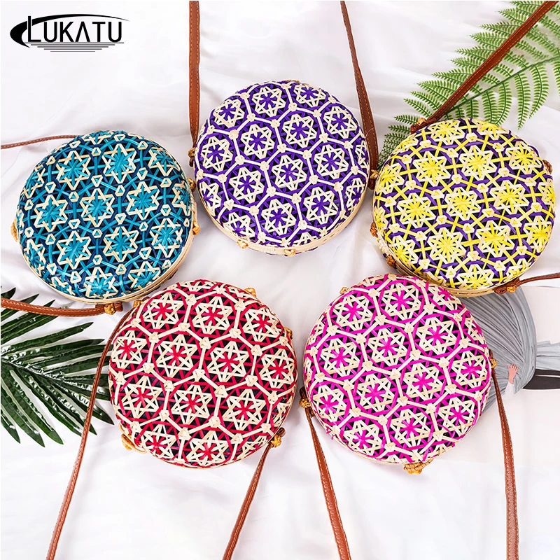 Круглая Соломенная пляжная сумка женская из ротанга в богемном стиле с цветным