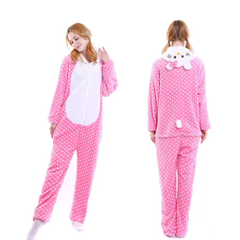 Adults Pajamas Women Flannel Sleepwear Unisex Cute Bow Cat Cartoon Animal Pajama Set Hooded Pyjamas Kigurumi