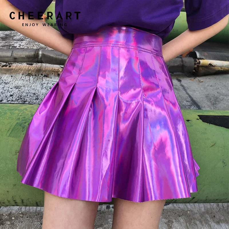 Cheerart панк Рок искусственная кожа юбка женская летняя голографическая мини плиссированная юбка блестящая фиолетовая с высокой талией Короткая юбка