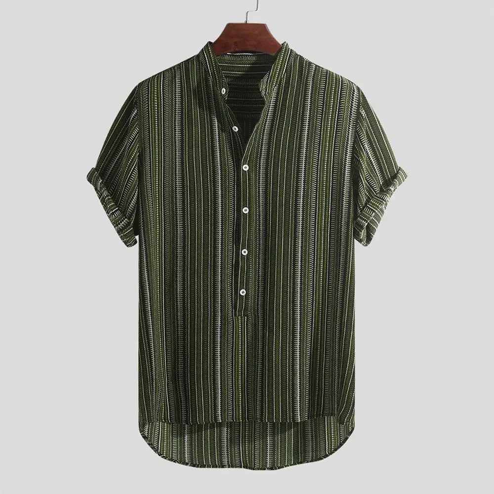 Летняя мужская рубашка, полосатая, на пуговицах, дышащая, короткий рукав, повседневная, Хенли, рубашки, camisa masculina hombre, Прямая поставка C