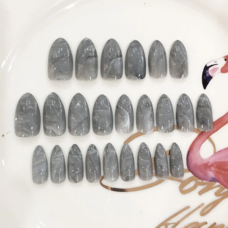 

24pcs/set Gray Marble long Stiletto false nails art tips pink short square head full cover marble fake nails press on nails set