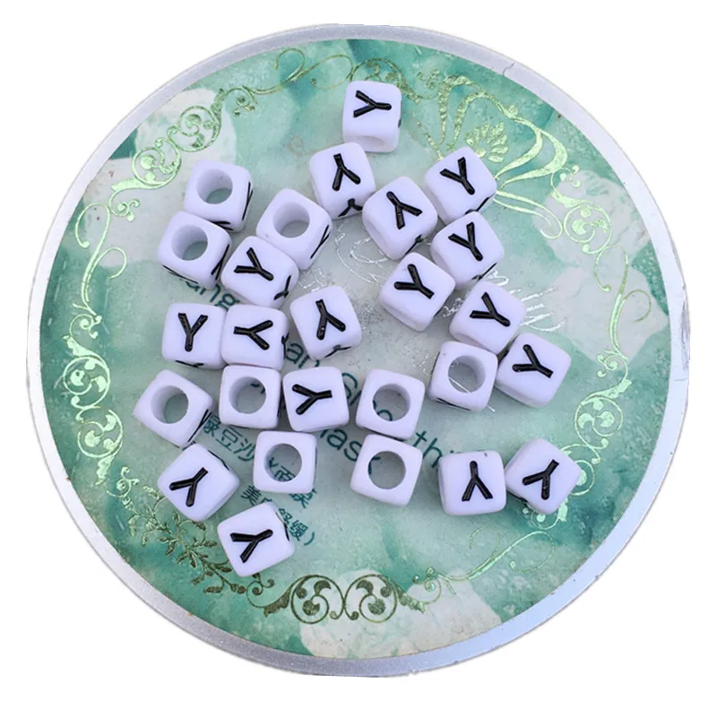 

Factory Price 2600PCs/Lot 6*6MM Cube Square Alphabet Plastic Beads White with Black Initial Y Printing Acrylic Letter Beads