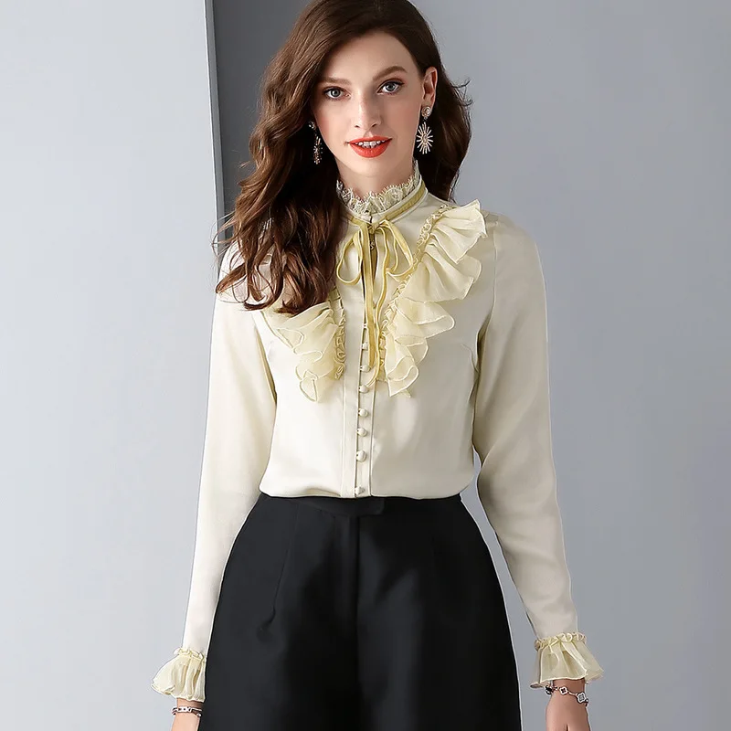 blouses fem me 2019 ladies women s office tops and blouses plus size dames summer casual sexy yellow lace shirts long bow knot