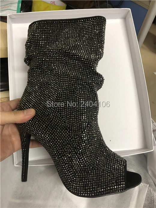 

Shooegle Brand Luxury Women Shoes Glitter Crystal Ankle Boots Sexy Stiletto High Heels Slip On Peep Toe Rhinestone Black Boots