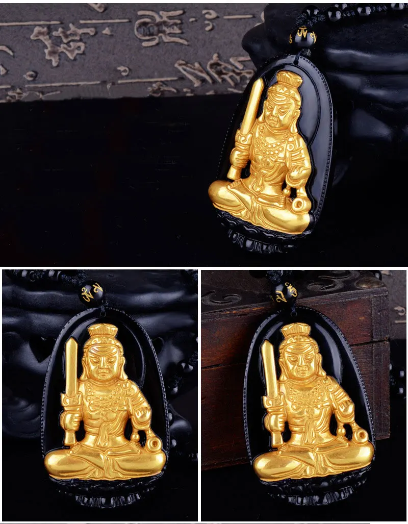 

High Quality Gold+ Natural Black Obsidian Carved Buddha Lucky Amulet Eight Patron saint Pendant For Women Men pendants fashion