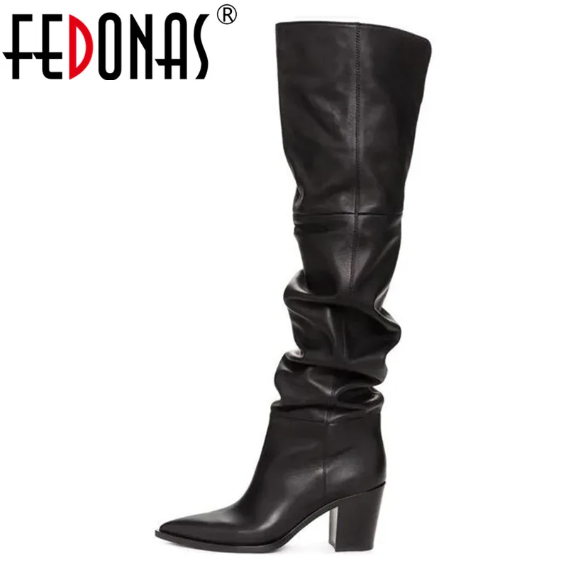 

FEDONAS Spring Autumn Punk Pointed Toe Square Heels Women Over The Knee Boots Brand Genuine Leather Party Shoes Woman High Heels