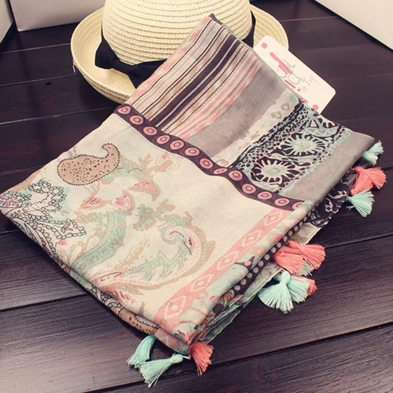 Boho кисточкой Шелковый Шарф Длинный солнцезащитный крем обертывания Для женщин