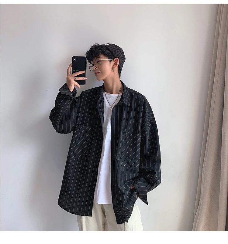 LAPPSTER Men Stiped Shirts Streetwear Casual Man Black Oversized Shirts White Harajuku Vintage Long Sleeve Shirt For Men