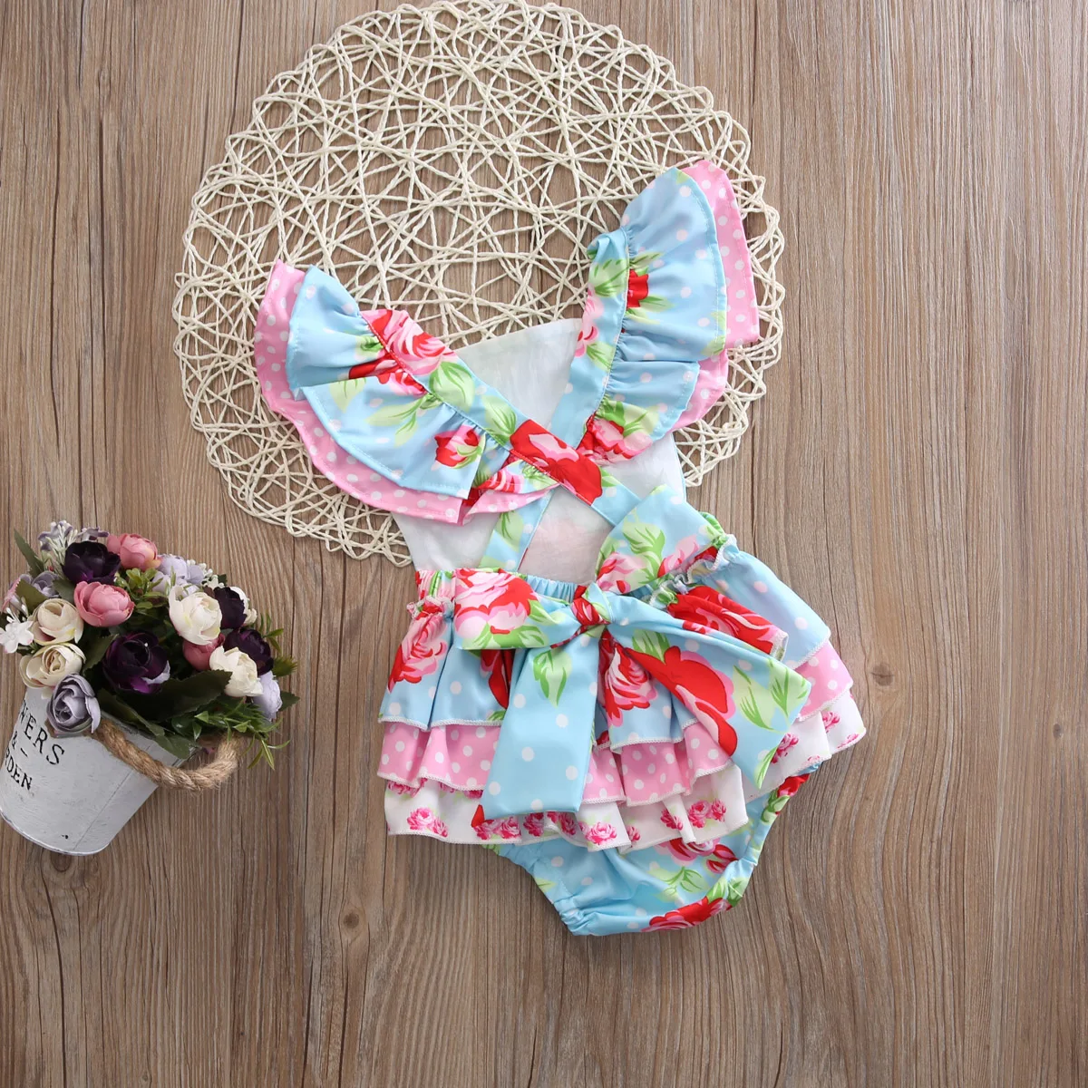 

0-24M Babies Cross Floral Strap Bodysuits Newborn Girls Flower Ruffle Bodysuit Clothes Sunsuit Clothing Outfits