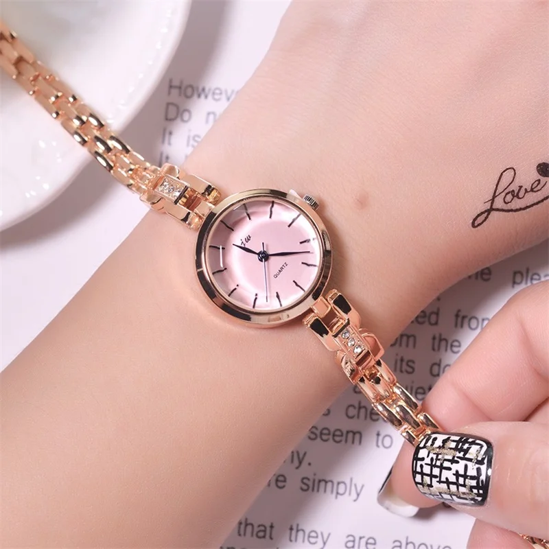 Gold Pink Золотые женские часы с браслетом Роскошная Мода из нержавеющей стали женские кварцевые наручные часы простые маленькие женские часы подарки - Цвет: Gold Pink