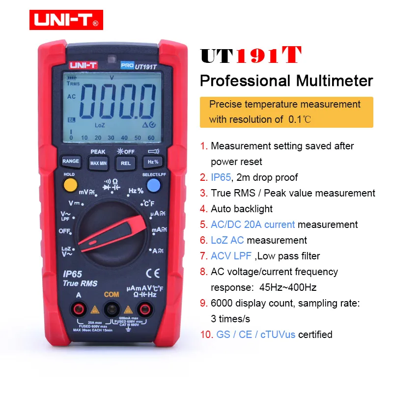 UT191T Профессиональный цифровой мультиметр UNI-T UT191E/UT191T True RMS AC DC Напряжение Ток Ом тестер, IP65 Водонепроницаемый/пылезащитный, ACV LPF - Цвет: UT191T