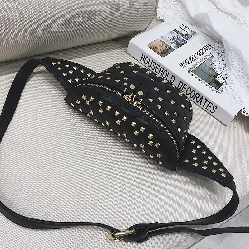 UKQLING Punk Sytle Women Waist Bag Rivet Fanny Pack Over Shoulder Chest Women's Belt Plaid PU Leather Cross Body Purse | Багаж и сумки