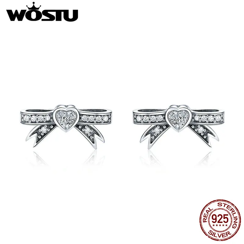 WOSTU, настоящее 925 пробы, серебряные сверкающие серьги-гвоздики с бантом в виде сердца для женщин, модные брендовые дизайнерские серебряные ювелирные изделия CQE401