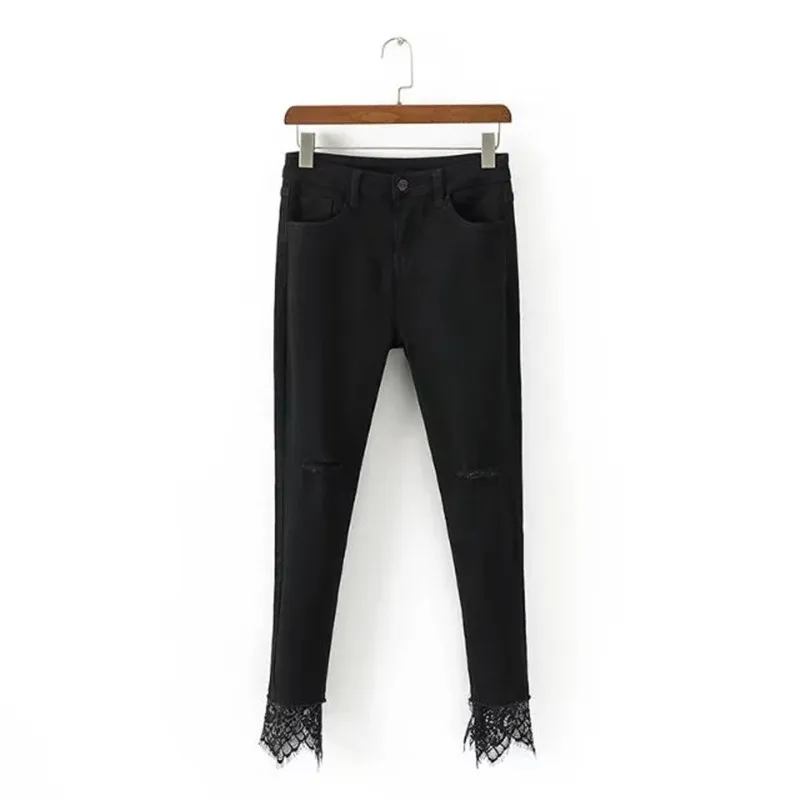 New Bursting Women's Jean High Waist Lace Elastic Black Denim with Hole Woman Trousers Long Pants Female Clothing |