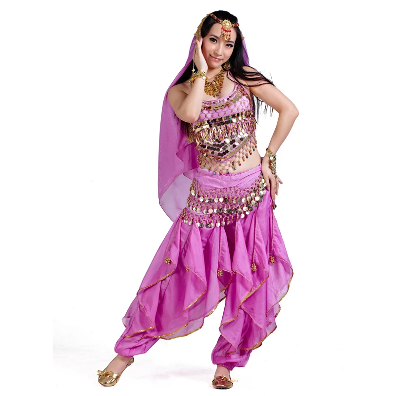 Belly Dance Costumes Set beaded bell tank top+sequins rotating pants+coins hip scarf+head chain+head scarf 5pcs full set SF70 |