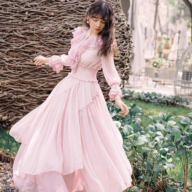 

Sweet Teens Girls Ruffled Irregular Elegant Chiffon Dress Seaside Resort Princess Dress 2019 Summer Lolita Style Dress