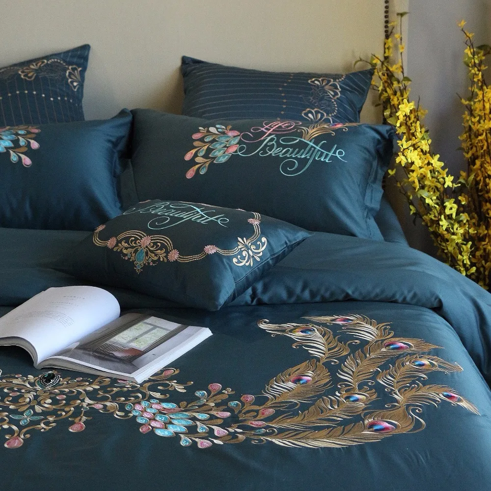 100% хлопок Синий Комплект постельного белья с вышивкой во дворцовом Королевском