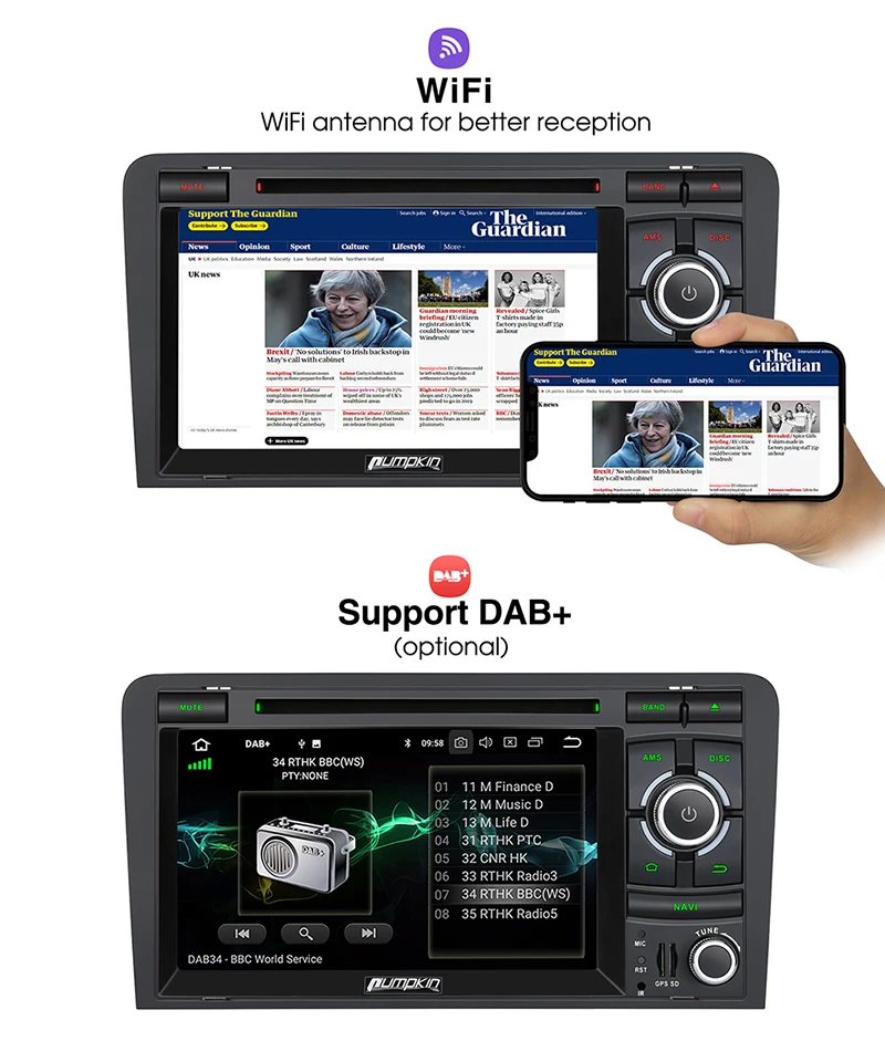 Pumpkin 2 Din7 &quotAndroid 8 0 GPS навигация 4 Гб RAM Автомобильный мультимедийный DVD плеер для Audi
