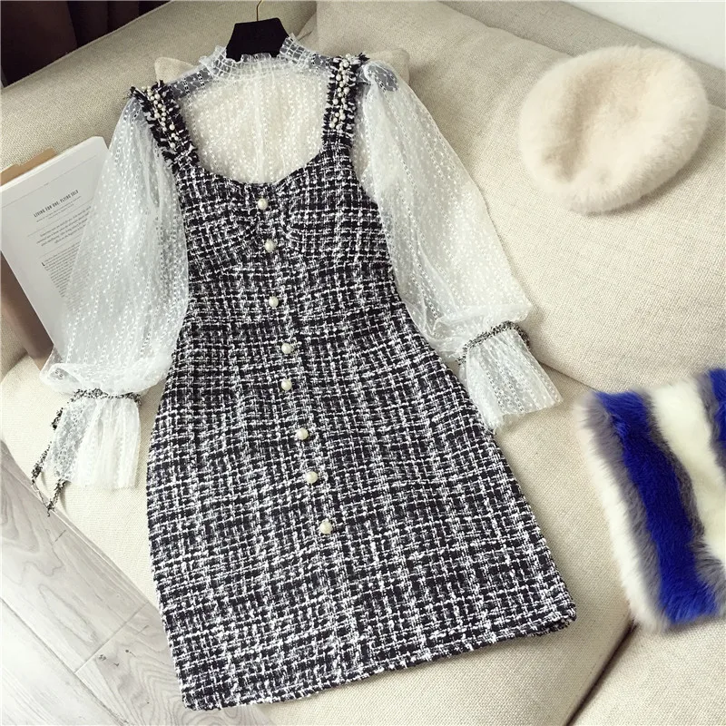 Осень 2019 модные женские сетчатые Топы + твидовое платье без рукавов комплекты из 2