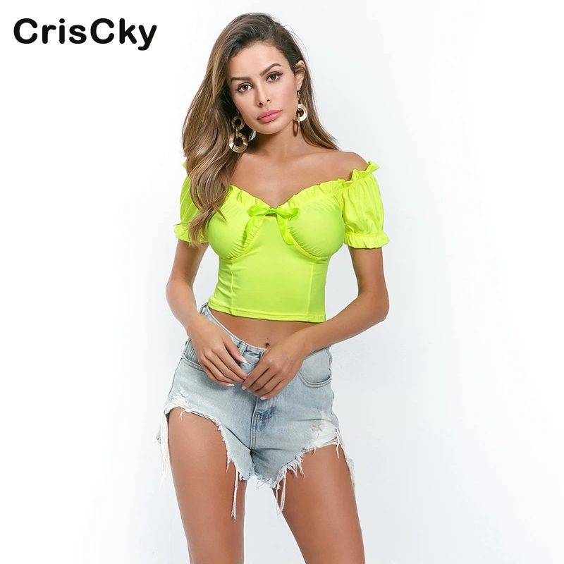 CRISCKY 2019 Сексуальная футболка женский укороченный Топ короткий рукав летние тонкие рубашки Топы с открытыми
