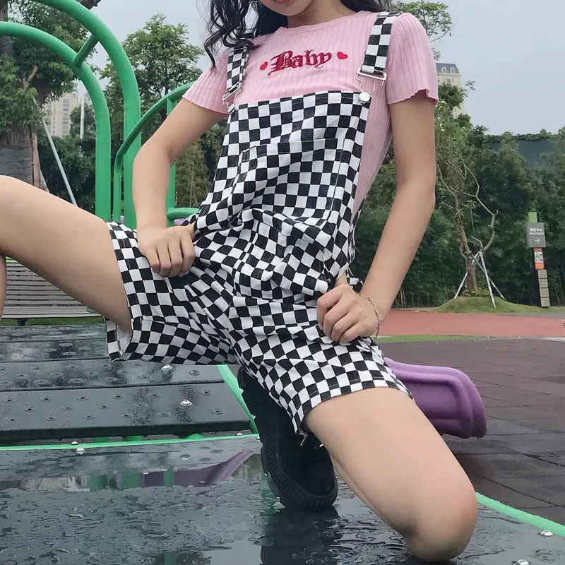 Checkerboard Women Men Overalls Casual Romper Plaid Jumpsuit Shorts Summer Backless Strap Checkered Female Black White Playsuit
