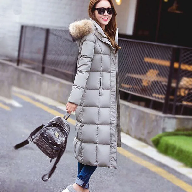 Large Real Natural Raccoon Fur 2018 White Duck Down Jacket Thick Warm X-Long Parka Winter Women Female | Женская одежда
