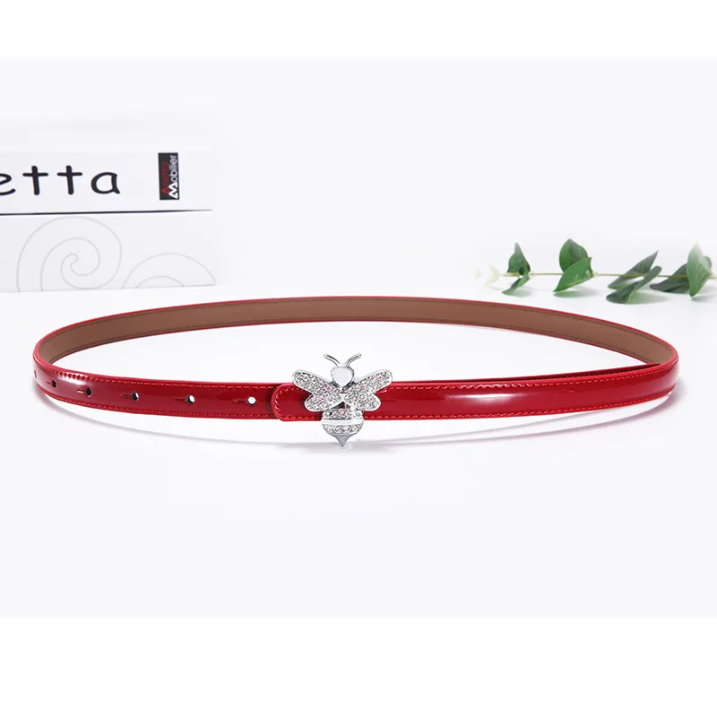 silver buckle red Брендовые дизайнерские тонкие ремни из натуральной кожи для женщин модные стразы пряжка в виде пчелы платье ремень женский Высокое качество Роскошный ремень - Цвет: silver buckle red