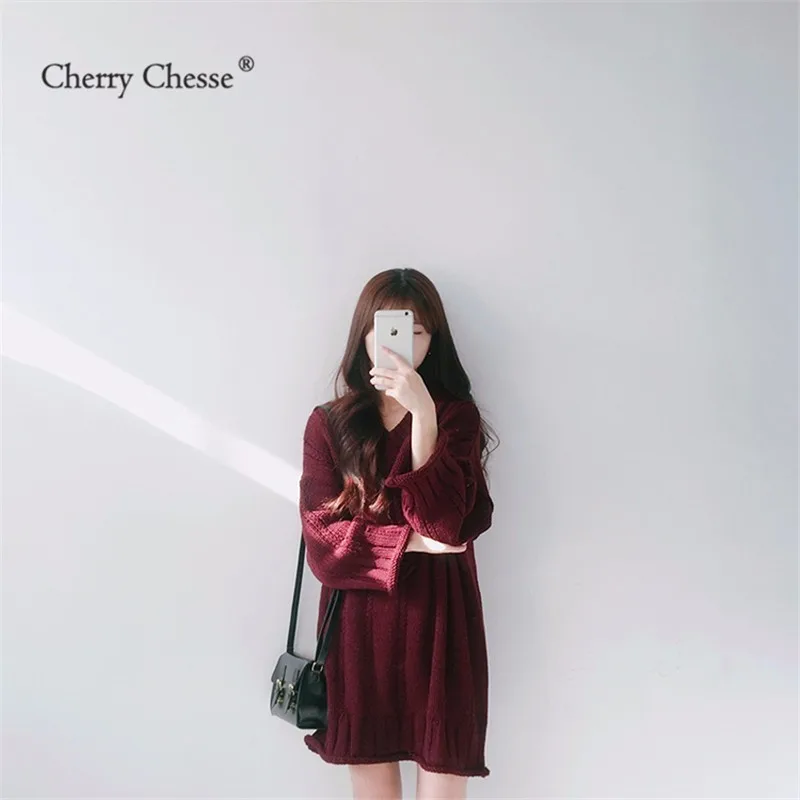 Cherry Chesse Винтаж Для женщин длинный свитер с v-образным вырезом пуловер длинными