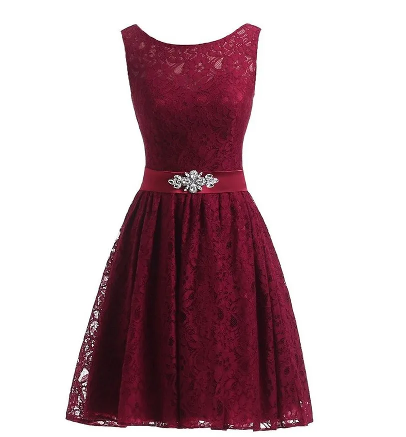 burgundy Новые короткие кружевные коктейльные платья с хрустальным поясом элегантные большие размеры 2-26 Вт Выпускные платья Vestidos Coctel Robe de Cocktail - Цвет: burgundy