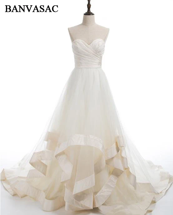 

BANVASAC 2018 Vintage Strapless Pleat Mermaid Real Photos Wedding Dresses Tiered Backless Court Train Plus Size Bridal Gowns
