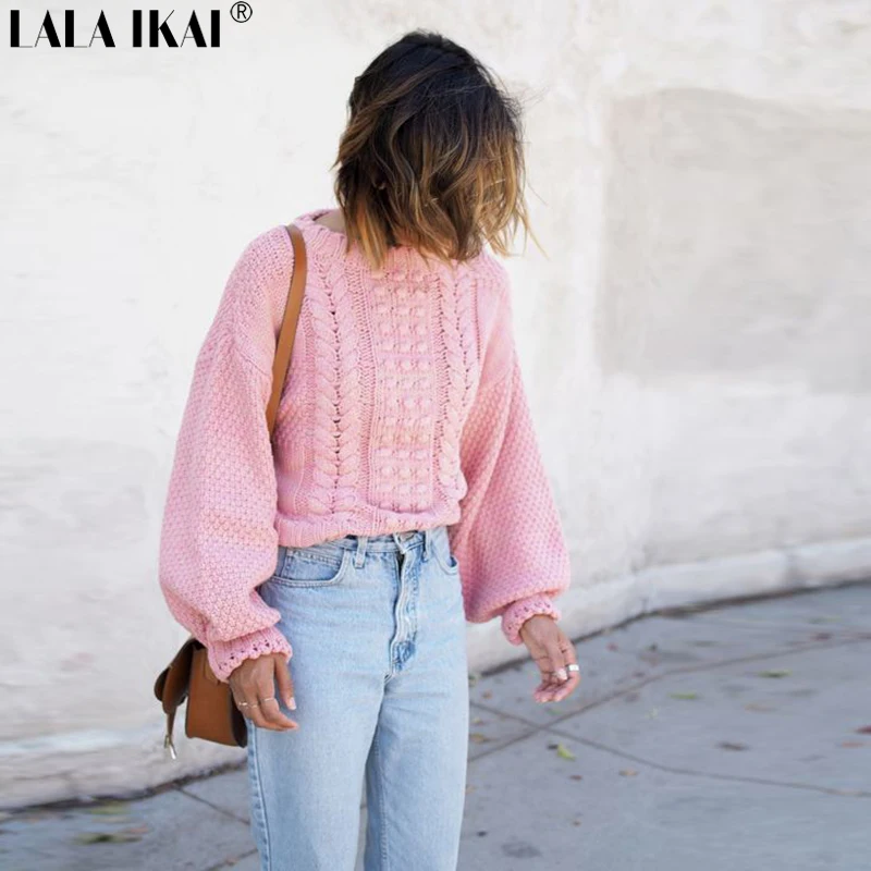 Осень-зима однотонный розовый вязаный свитер женщин Повседневное пуловеры