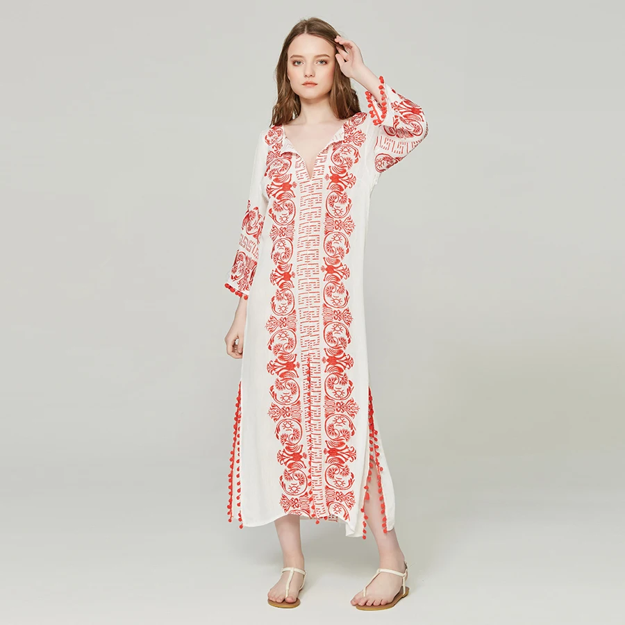 Женское длинное платье с цветочной вышивкой TEELYNN Boho повседневное белое прямое