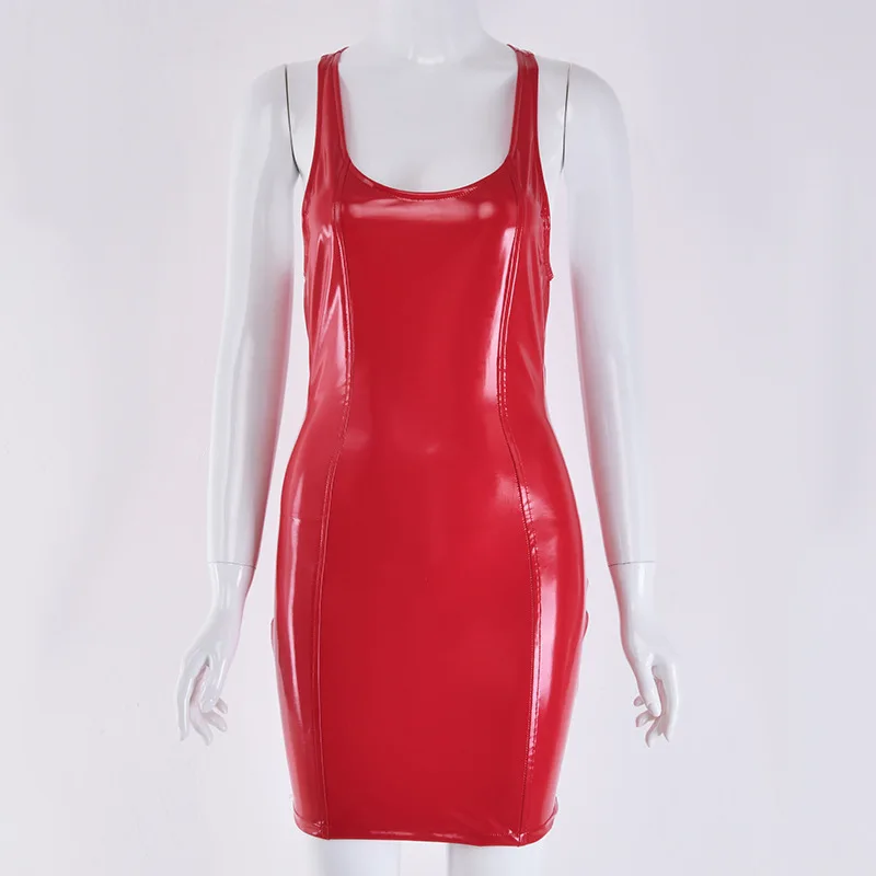 Женское облегающее платье из искусственной кожи розовое эластичное мини-платье