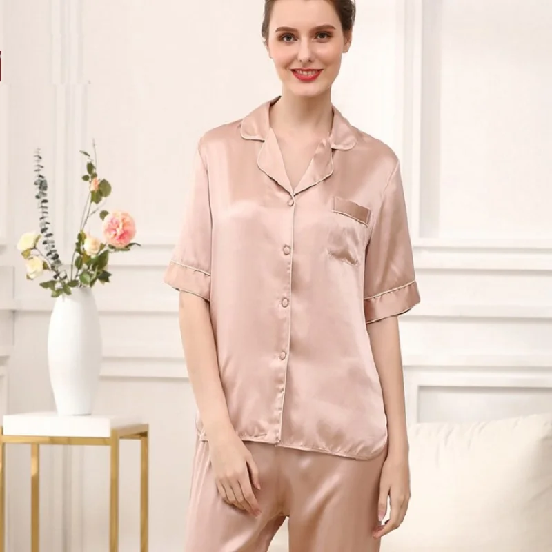Women's Pajamas Sets 100% Silk Plus Size Summer 2019 New Lady Silk Stain Solid Short Sleeve Tops and Pants Two Pieces Sets