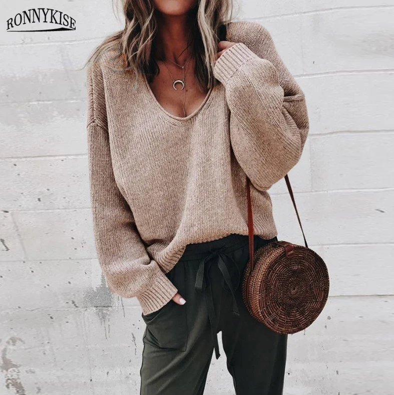RONNYKISE Sexy V-neck Knitted Sweaters Women Fashion Long Sleeve Casual Tops Autumn Winter | Женская одежда