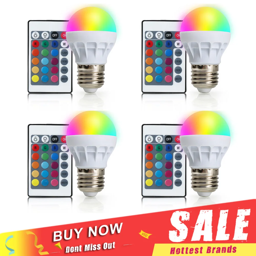 4 шт./лот светодиодная цветная лампа E27 RGB для внутреннего освещения с пультом
