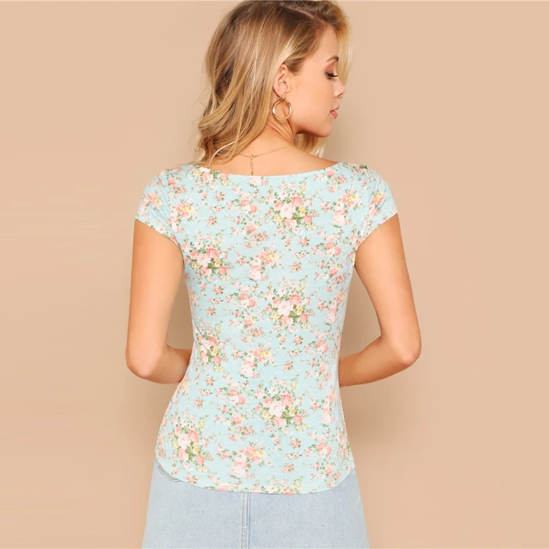 Dotfashion, бирюзовая, по всей поверхности, с цветочным рисунком, облегающая женская футболка,, летняя, повседневная, с рукавом-крылышком, одежда для девушек, топы, облегающая футболка
