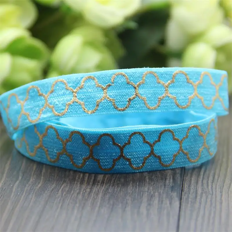 

Free shipping 10 yards Hot stamped gold pattern Elastic Ribbon 5/8 inch 15mm hairbow accessory 10 color available