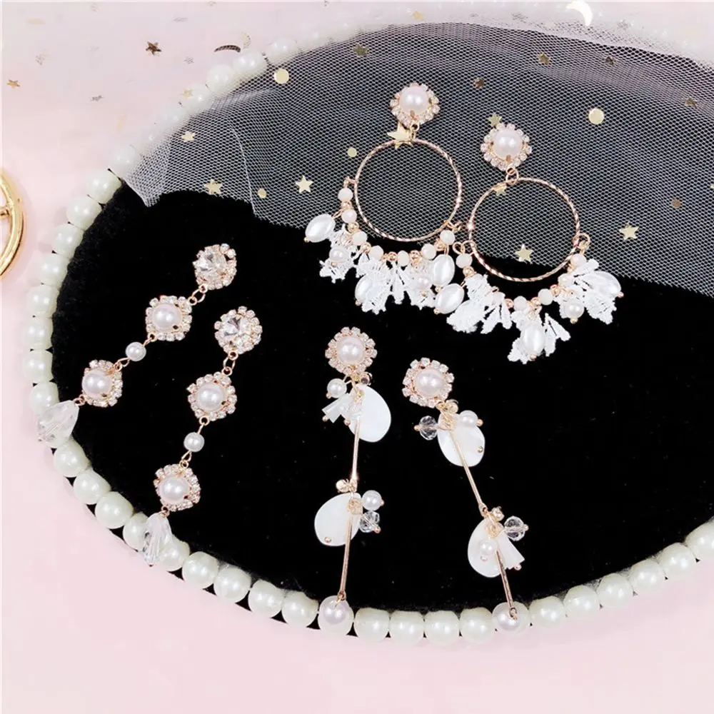 Серьги с кристаллами из серебра S925 элегантные серьги жемчугом и кружевной