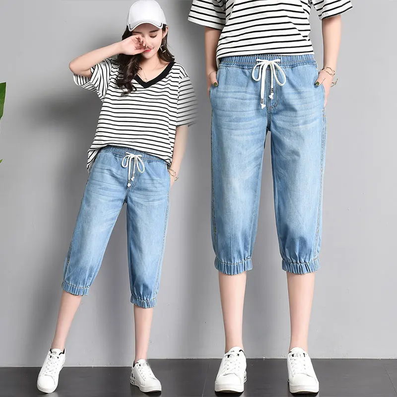 Женские джинсы с эластичной резинкой на талии летние свободные большого размера