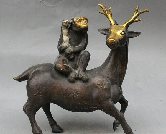 YM 322 китайская Бронзовая позолоченная статуя зодиака Yaer Monkey Hold RuYi Ride Sika Deer | Дом и