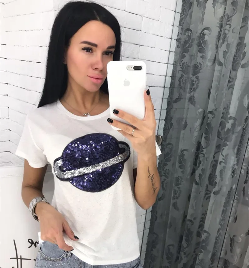 Jo Kalin Sequin T-shirts for Women 2019 New Fashion Summer Short Sleeve tshirt ladies fitness harajuku t shirt women top tees | Женская