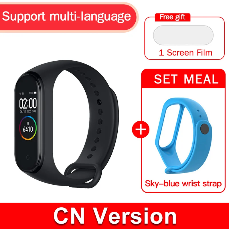 CN Add Skyblue Strap Глобальная версия,, xiaomi mi band, 4 цвета, экран,, новейший музыкальный умный Браслет, пульсометр, фитнес, 135 мА/ч, bluetooth 5,0 - Цвет: CN Add Skyblue Strap