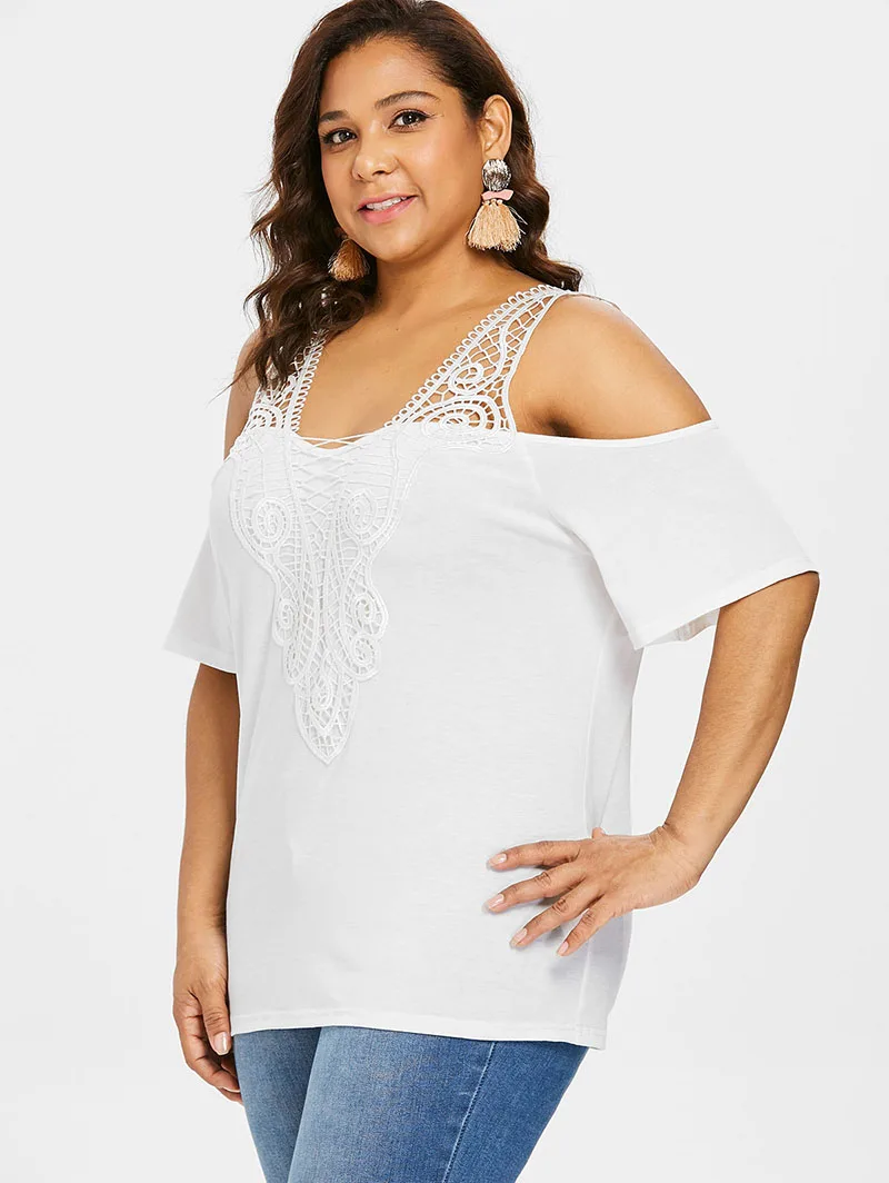 PlusMiss Plus Size 5XL Sexy Off the Shoulder White Lace Crochet Blouse Women Short Sleeve Tops Summer Big XXXXL XXXL XXL |