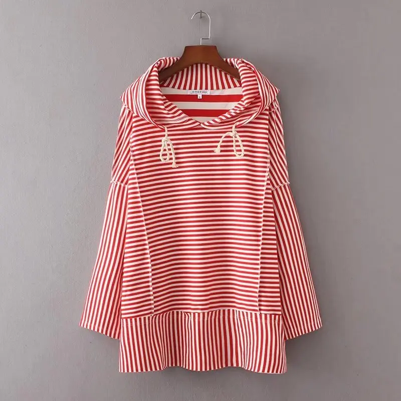 Женский свитер VOGUEIN в полоску с бантом капюшоном и карманами длинным рукавом